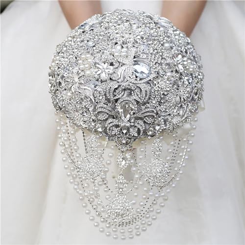 Image of MaxxCloud Luxury Gatsby-Inspired Vintage Wedding Golden Brooch Bouquets Handmade Sliver Bling Glam Wedding Bridal Bouquet