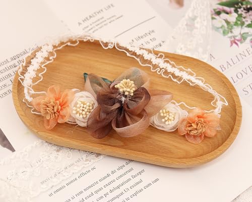 Bethynas baby girls Lace Flower Headband Gauze Floral Elastic Infant Hairband Birthday Party Princess Hair Accessories for Newborn Toddlers (Brown)3