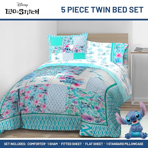 Image of Jay Franco Kids Comforter Set Includes Sheets and Pillow Covers - Soft and Cozy Bed Set for Stylish Room Decor, Multi - Lilo and Stitch 02, 5 Piece Twin Bedding