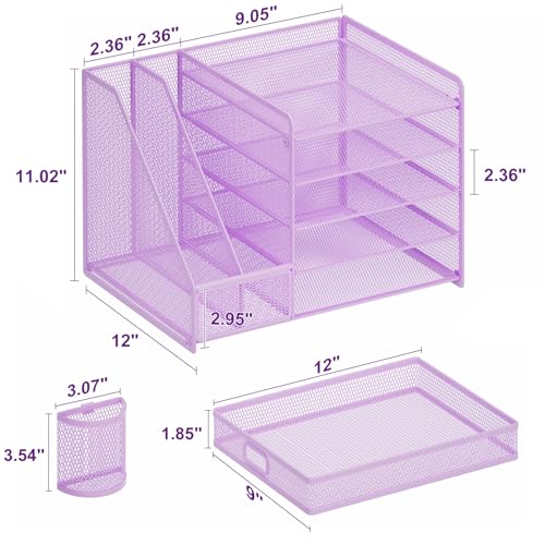 Image of Marbrasse Desk Organizer with File Holder, 5-Tier Paper Letter Tray Organizer with Drawer and 2 Pen Holder, Mesh Desktop Organizer and Storage with Magazine Holder for Office Supplies(Purple)