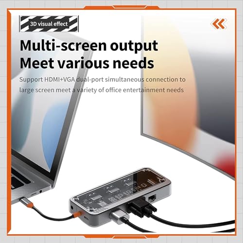 Image of USB HUB USB C Hub 10 in 1 Type C Hub with Ethernet,4K USB C to HDMI,VGA,PD Power Delivery, 3 USB 3.0 Ports, USB C to 3.5mm, SD /TF Cards Reader for All Devices (USB C to 10 in 1 Transparent HUB)