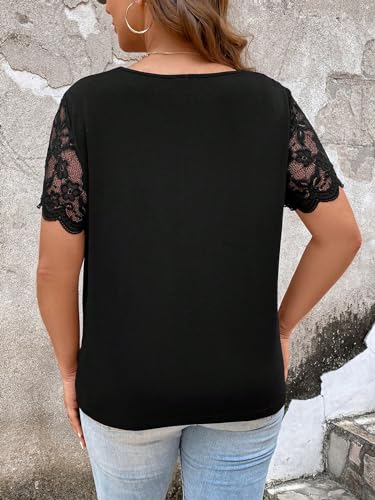 OYOANGLE Women's Plus Size Summer Lace Scallop V Neck Short Sleeve Blouse Shirt Tops2