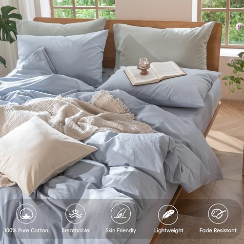 Image of MooMee Duvet Cover Set 100% Washed Cotton Linen Like Alaska King | Relaxed Linen-like Texture. Soft, Breathable & Long-lasting Comfort. Lightweight. Hidden Zipper with 8 Interior Corner Ties