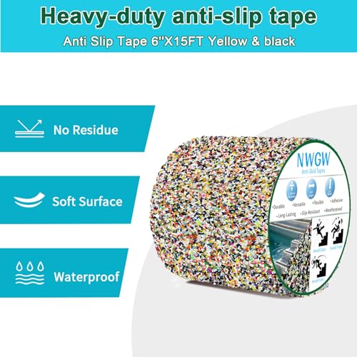 Image of Anti Slip Stair Treads Outdoor Tape, 6 inch x15FT Heavy Duty Non-Slip Rubber Grip Tape Shower Strips Resistant Tape Underwater Waterproof Grip Traction Tape for Pools Stairs Showers Bathroom
