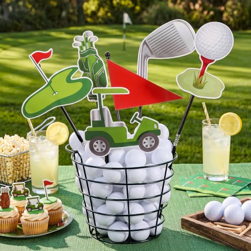 Teyva Daily 57 Pcs Golf Party Decorations, Golfing Birthday Table Centerpieces Set, Includes 1 Metal Golfing Basket, 50 Plastic Practice Balls and 6 Golf Toothpick Flags for Birthday(Mix Flags)