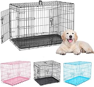 Dog Crates 2 Door Sturdy Home Pet Wire Cage Black Pink Blue Vet Animal Transport Carrier Rust-proof Animal Playpen Folding Metal Dog Crate with Plastic Tray XS S M L Sizes Pet Training Cage (Black)