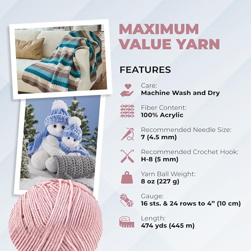 Image of Mary Maxim Maximum Value Acrylic Yarn for Crocheting and Knitting, Soft Worsted Weight Pink Yarn 4, Ideal for Blankets, Sweaters, Hats, and Scarves, 8 oz Skein (474 Yds), Light Rose - 1 Skein