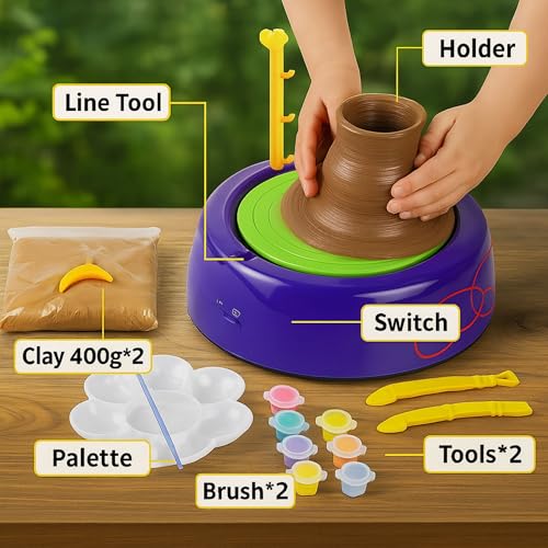 Image of GRAPHENE Kids Pottery Wheel Kit Battery Operated Pottery Making Machine Painting Kit Clay Moulding Playset for Beginners Modeling Sculpting Clay Tools Arts & Crafts Pot Maker for Kids Boys Girls 8-12