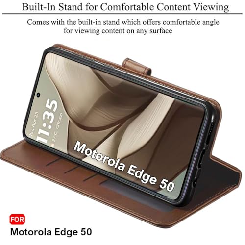 Image of TheGiftKart Flip Cover Back Case for Motorola Moto Edge 50 5G | Genuine Leather Finish | Designer Button | Inbuilt Pockets & Stand | Wallet Style Flip Case Cover for Moto Edge 50 (Faux Leather, Brown)