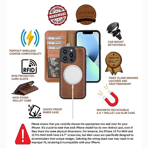 Venoult Iphone 15 Pro Max Wallet Case Man Or Women / 15 Pro / 14 Pro Max / 13 Pro / 12 Pro Max And All Others, Genuine Leather, 4 Card Holder Folio Cover, Compatible Magsafe Wireless Charge, Handmade #TOP3