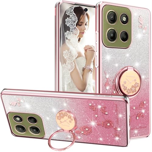 Coque Motorola Moto G15 Antichoc Rose Paillettes avec Support Béquille