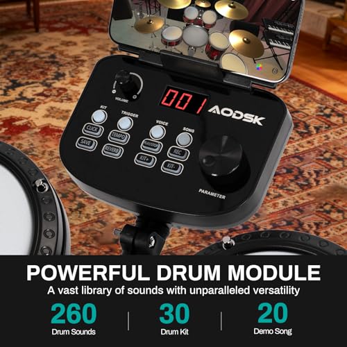 AODSK Electronic Drum Set, Professional Mesh Drum Pads, Upgraded Sound Module (260 sounds/30 Kits/20 Songs),Includes Sticks,Headphones,drum throne (2025 New Upgraded)