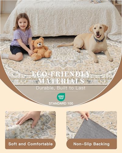 Madane Washable Area Rug 2x3, Small Entryway Rug Non-Slip Vintage Door Mat Indoor Entrance, Low Pile Floor Carpet for Inside Front Door Bedroom Kitchen Entry Laundry (2'x3', Pink/Gray)