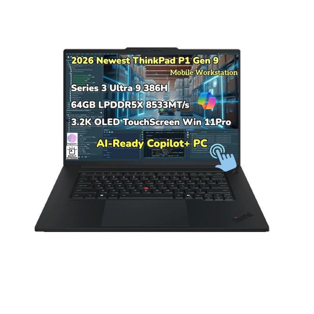 2026 NewLenovo ThinkPad P1 Gen 9 Mobile Workstation Copilot+ AI Laptop 16" 3.2K OLED TouchScreen Series 3 Ultra 9 386H 64GB RAM 2TB SSD Gen5 RTX PRO 2000 Blackwell GDDR7 Graphic RGB IR Cam Win 11 Pro