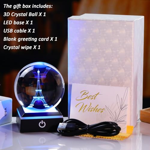 Image of 3D Crystal Ball Paris Eiffel Tower Snow Globe Decor Gifts for Women Men Adults with LED Base Lamp Souvenirs Xmas Ornament Unique Paris Stuff Glass Snowglobes for Christmas Birthday