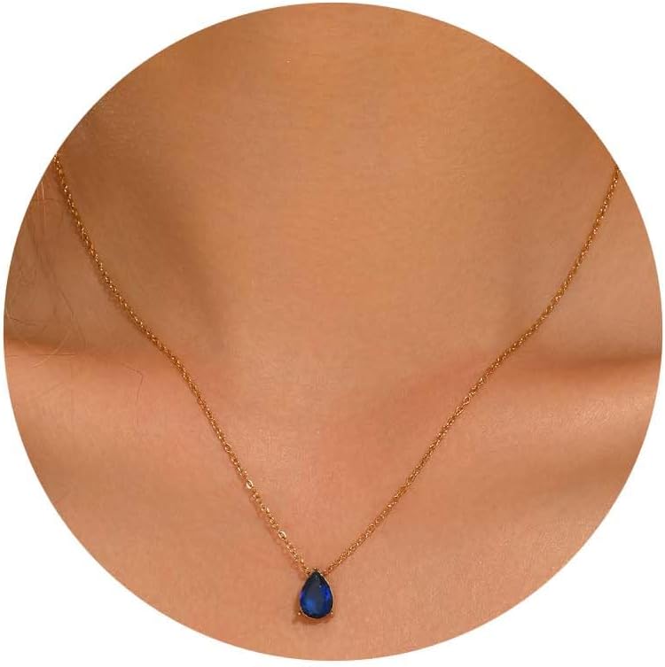 Dainty 18K Gold Plated Teardrop CZ Birthstone Necklace for Women