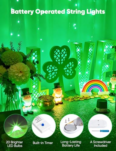 Image of Minetom 12 Pack Green Christmas Lights, St Patricks Day Lights, 7ft 20 LED Fairy Lights Battery Operated String Lights, St Patricks Day Decorations, 8 Modes Waterproof Silver Wire Twinkle Lights