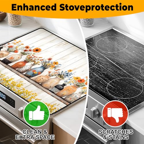 Image of Stove Top Cover Retro Flower Gas Stove Top Cover for Home Decoration Kitchen Pad Non-Stick Washable Cooktop Covers Countertop Protector Keep Stove Clean 28 inchx20 inch (Vase)