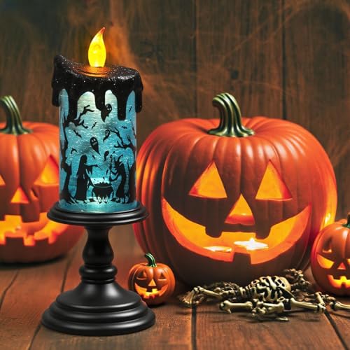 Image of Eldnacele Halloween Snow Globe Flameless Candle with Timer, Battery Operated Spooky Spinning Water Glittering Tornado Lamp LED Candlestick Table Fireplace Witch Decal Halloween Holiday Decoration