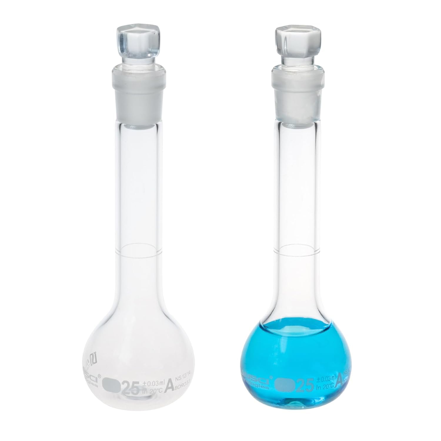 ALWSCI 2 Pezzi 25 mL Matraccio Volumetrico Matracci Tarati da Laboratorio con Tappo in Vetro, Vetro Borosilicato 3.3, Classe A, Matraccio Graduato per Laboratorio