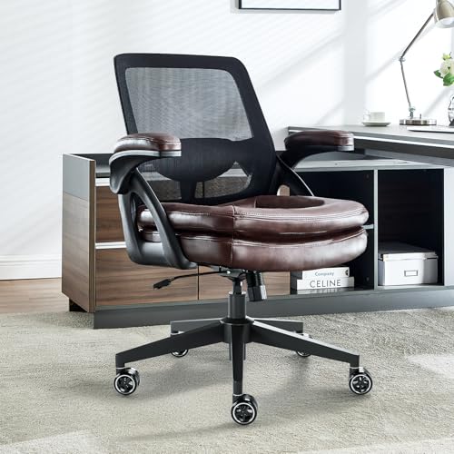 Image of Big and Tall Office Chair, 500lbs Mesh Heavy Duty Ergonomic Desk Chair with Flip-up Armrests, Plus Size Wide Seat in PU Leather, 360 Swivel Computer Executive Task Chair for Home Office (Brown)