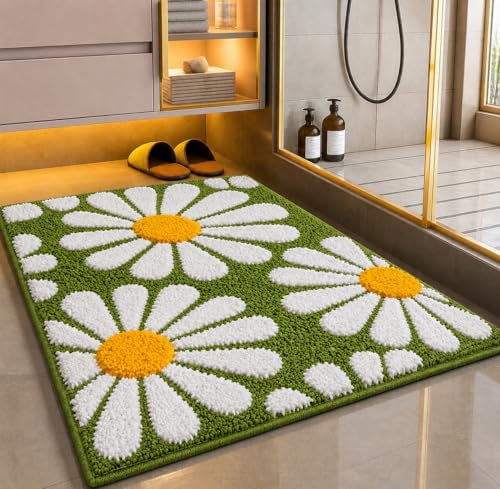 Image of Roseate Flower Anti Skid (40x60 cm) Microfiber 2000 GSM Bath Mat for Bathroom /Bedroom /Door Mat /Floor Mat (Green) Pack of 2
