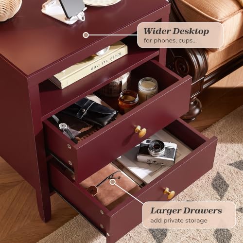 Image of Huuger Red Nightstand Set of 2, Night Stand with Charger Station