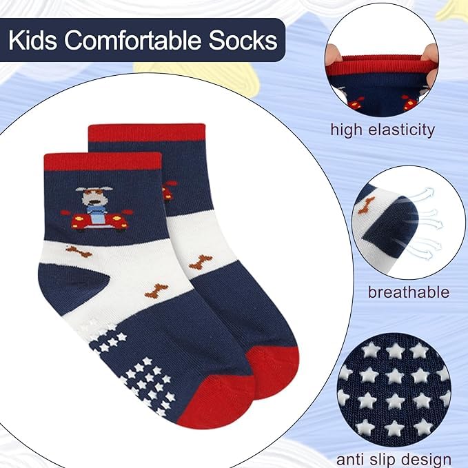 AIQIBAO 12 Pairs Anti Slip Socks With Grips, Funny Children Socks For 1-7 Years Old (S, Boys)