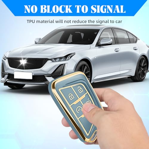 Image of QBUC for Cadillac Key Fob Cover with Leather Keychain (Gold Trim Blue) | Soft TPU Protection Case Compatible with 2020-2026 Cadillac Escalade Lyriq Optiq 5-Buttons