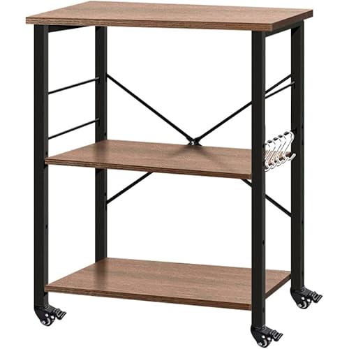 AZL1 Life Concept Accent 3-Tier With 5 Hooks Kitchen Rack Utility Microwave Oven Stand Movable Cart Workstation Shelf, 23.7inch, Brown