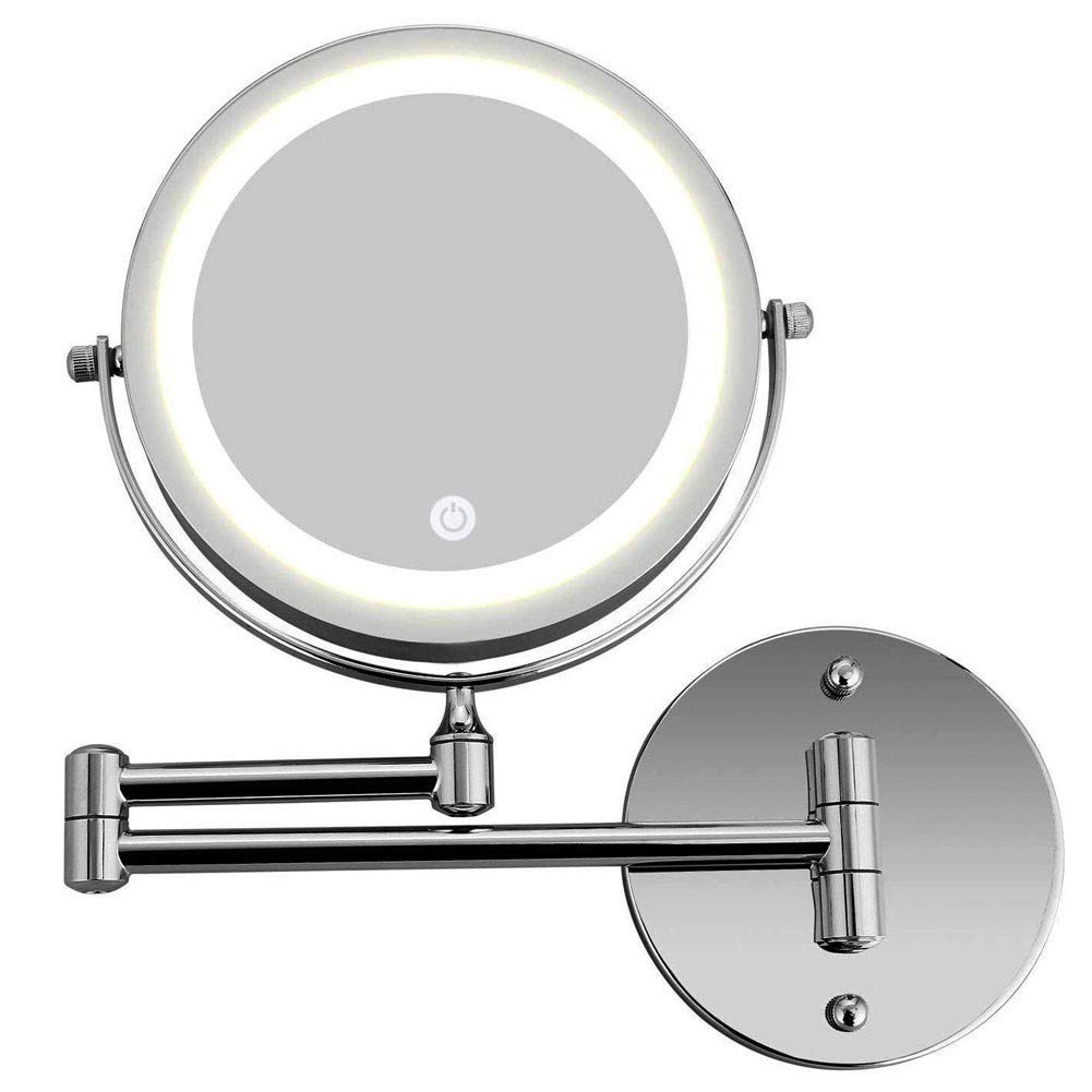 SaryEdge Magnifying Illuminated Wall Mounted Shaving mirror Bathroom Mirrors 7-Inch 10x Magnifying Extending Double Side, 360° Swivel, LED Light Adjustable, Battery and USB Powere,