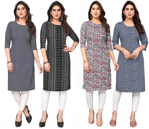 Image of JAKHANA Women's Crepe Printed Casual Straight Calf Length Round Nick Kurta Pack of 4