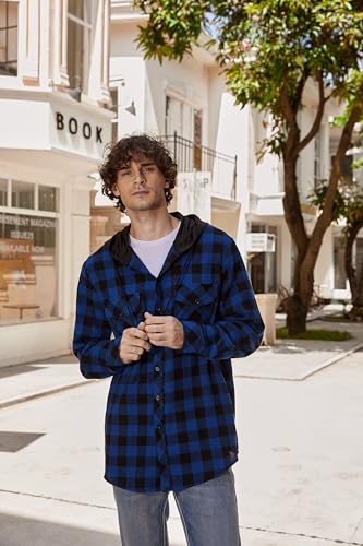 Image of Cromoncent Men Flannel Hoodie Plaid Button Down Jacket Long Sleeve Shirts