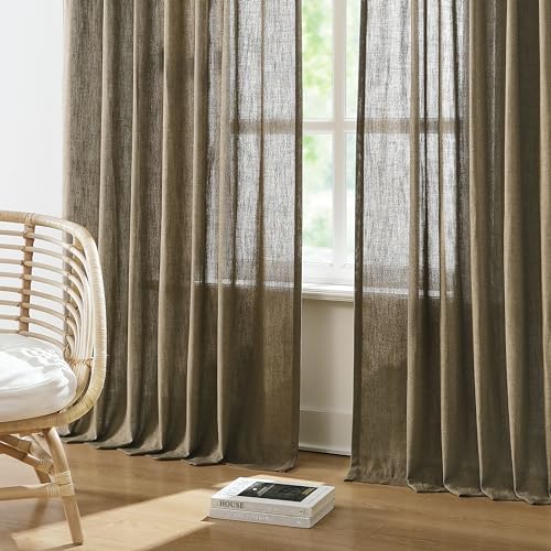 Image of Vision Home Brown Pinch Pleated Semi Sheer Curtains Textured Linen Blended Light Filtering Window Curtains 95 inch for Living Room Bedroom Pinch Pleat Drapes with Hooks 2 Panels 40 inch Wx95 L
