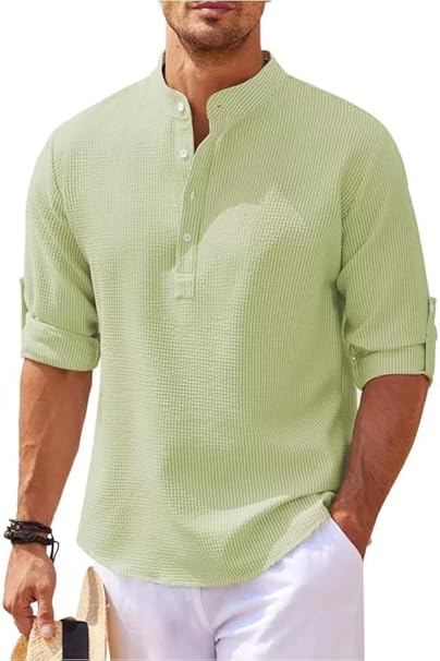 Camiseta masculina de manga comprida Henley gola redonda casual abotoada camiseta leve essencial
