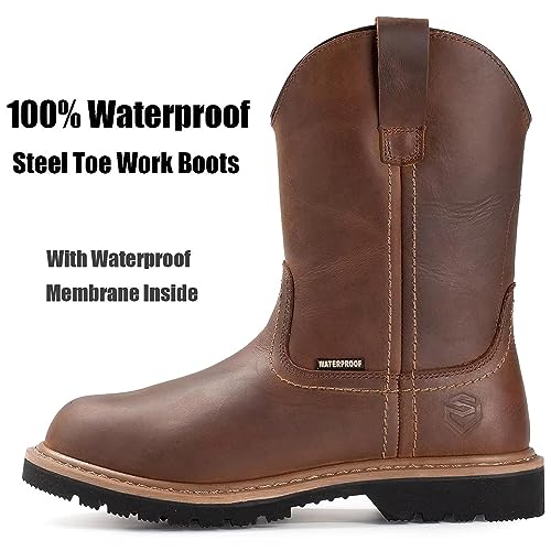 SUREWAY Mens 10 in Soft/Steel Toe Waterproof Wellington Boot,Heavy Duty Pull On Work Boots for Men,Full Grain Leather,Goodyear Welted,Superior Slip Resistant,Waterproof Steel Toe Brown,Size 132