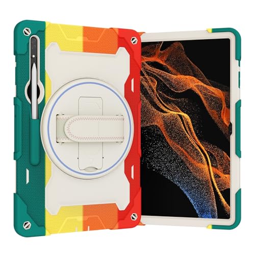 Coque Samsung Galaxy Tab S9 Ultra 14.6 avec poignée rotative 360 antichoc enfant rouge arc-en-ciel