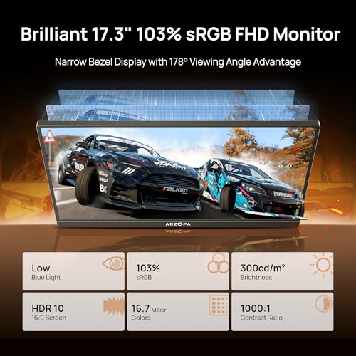 Image of ARZOPA 17.3 inch Portable Monitor, 1080P FHD 103% sRGB IPS Gaming Monitor Laptop Monitor with Built-in Kickstand HDMI USB C External Screen for PC Mac Phone Xbox PS5 - A1M