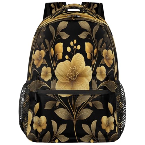 Hojas De Flores Doradas Sobre Fondo Negro Mochila Informal Antirrobo Mochila Del Ordenador Gran Capacidad Mochilas Para Trabajo Colegio Viaje 29X40Cm