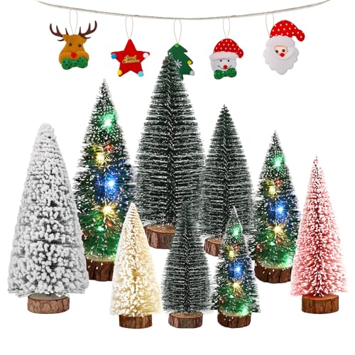 TAVADA 9 peças mini árvore de Natal artificial, árvore de Natal pequena 10/15/20 cm com bases de madeira, efeito de neve, LED, 5 unidades decoração de Natal para decoração de mesa, casa e vitrine