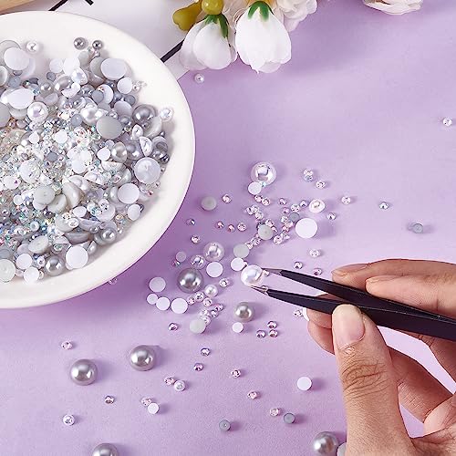BEEFLYING 60g Mix Flatback Pearls & Resin Rhinestones Half Round Pearl Beads for Crafts 3mm-10mm Half Pearl Rhinestone for Face Art Tumblers Bottles Clothes Gift Card Jewelry Decor(Off-white) - Image 3