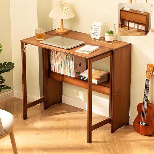 Dezyfurni Bamboo Folding Desk Mid Century Modern Desk for Home Office Bedroom Small Spaces, Brown