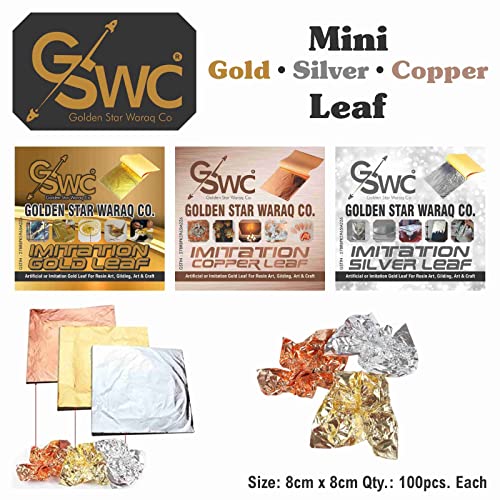 Image of GSWC 300Pc Metallic Gold Silver Copper Foils Clarity Foils Sheets Gliding Foils Imitation Foils For Diye,Fram,Art & Craft,Furniture Decoration Etc (Gold+Silver+Copper 100 Each) 8X8 Cm