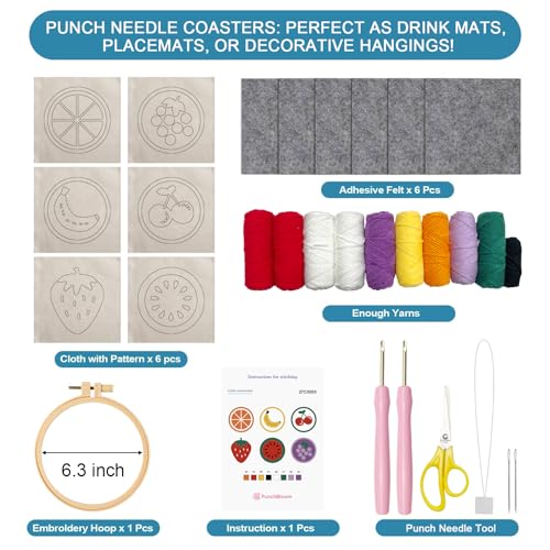 Image of Punch Needle Coaster Kit for Adults Beginners, Easy Punch Embroidery Starter Set with Instructions - Fun Mug Rug Making Kit for Table Decor & Festival DIY Gifts (6pcs Cute Fruits)