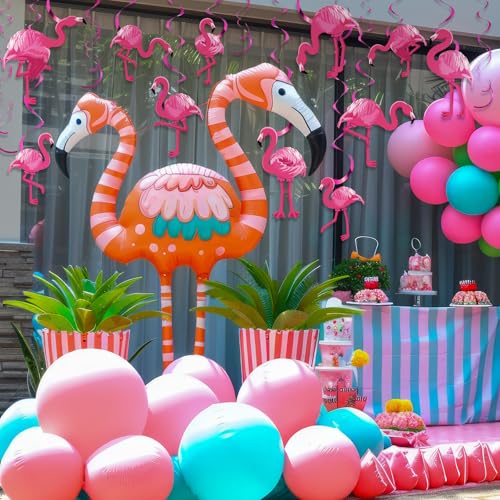 Image of Faccito 52 Pcs Flamingo Party Hanging Swirl Decorations Hawaii Luau Pink Flamingo Ceiling Streamers Summer Hawaiian Foil Hanging Swirls Decor for Aloha Beach Luau Birthday Party Supplies