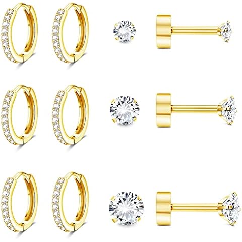 FASACCO Hypoallergenic Flat Back Earrings for Women Men 14K Gold Plated Surgical Stainless Steel Earrings Flatback Stud Small Huggie Hoop Earrings Cartilage Earring Sets for Multiple Piercing 10mm Cover
