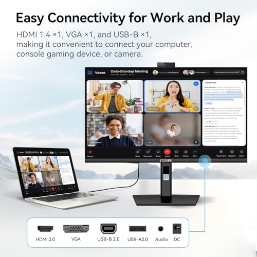 Image of CUNPU 24 Inch Monitor with Camera, Computer Monitor with Pop-up 5MP 2K Webcam and Stereo Mic & Speakers, FHD 1080P Vertical Monitor for Video Conferencing, HDMI, VGA Port, Swivel Pivot Adjustable