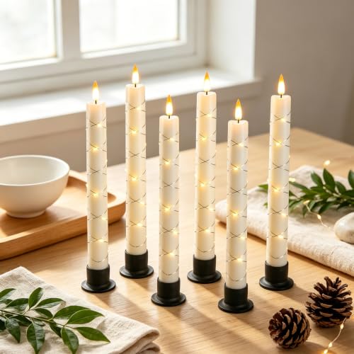 Image of Da by 6 Pack Ivory Heat Resistant Flameless Taper Candles, Cross Surrounding Fairy String Lights, Realistic Dynamic Flame LED Candles with Remote Control for Indoor Outdoor Decor