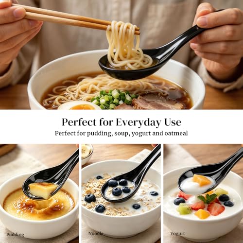 Image of DOWAN Soup Spoons, Ceramic Asian Soup Spoons, Black Japanese Spoon Large for Ramen Pho Wonton Dumpling Miso, Deep Oval Hook Design, Set of 4 (Black)
