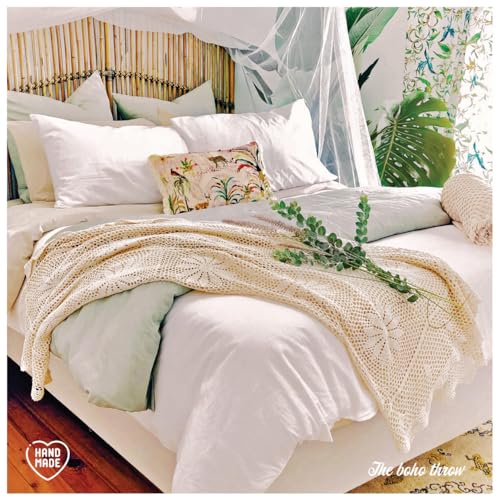 Zenviro Boho Throw Blanket - Beige, Cream Crochet Blankets - Hand Knitted Blanket - Couch Sofa Bed Blanket (125x150cm) - Image 4